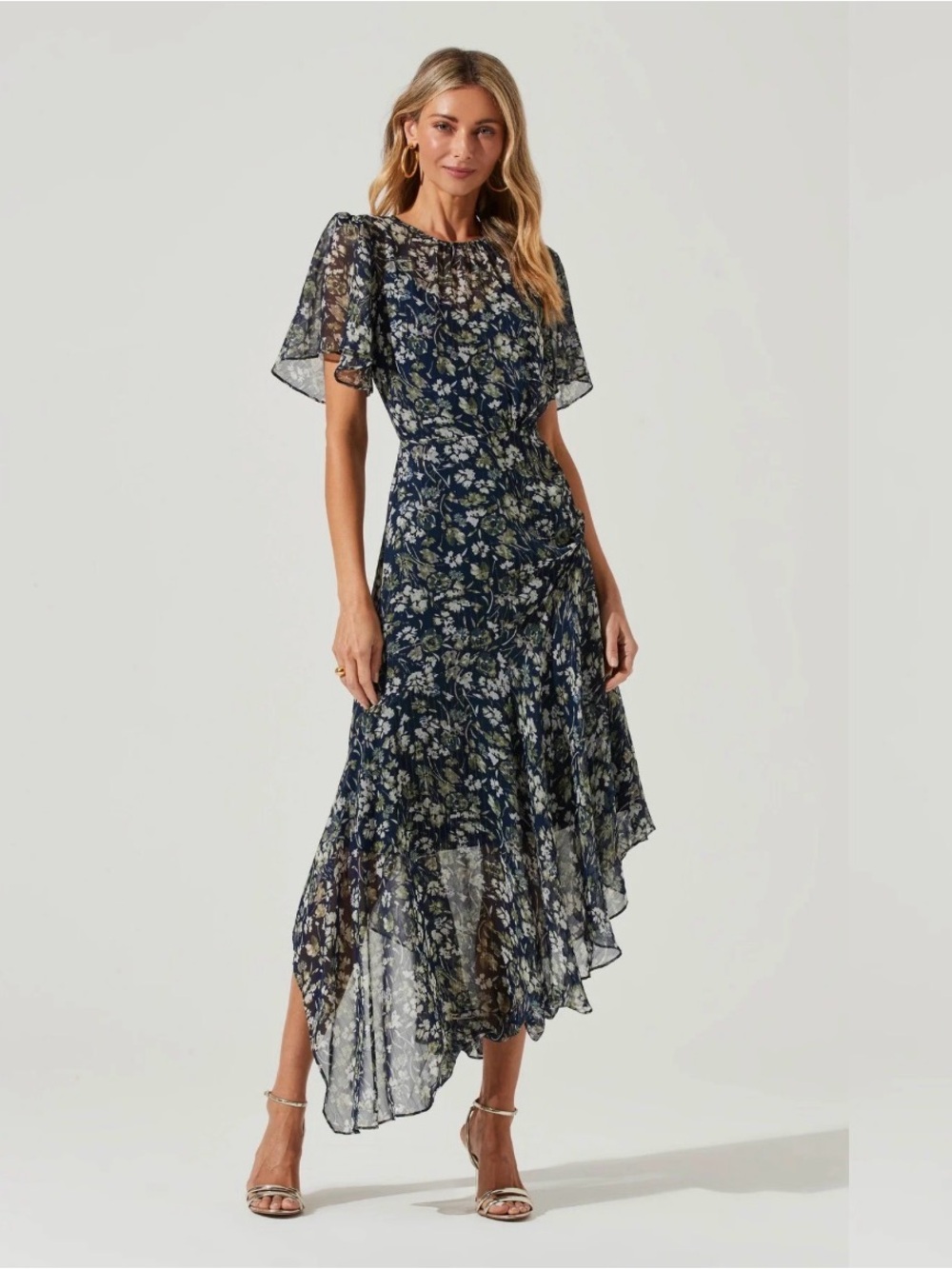ASTR The Label Navy Floral Asymmetrical Chiffon Dress Flutter Sleeve